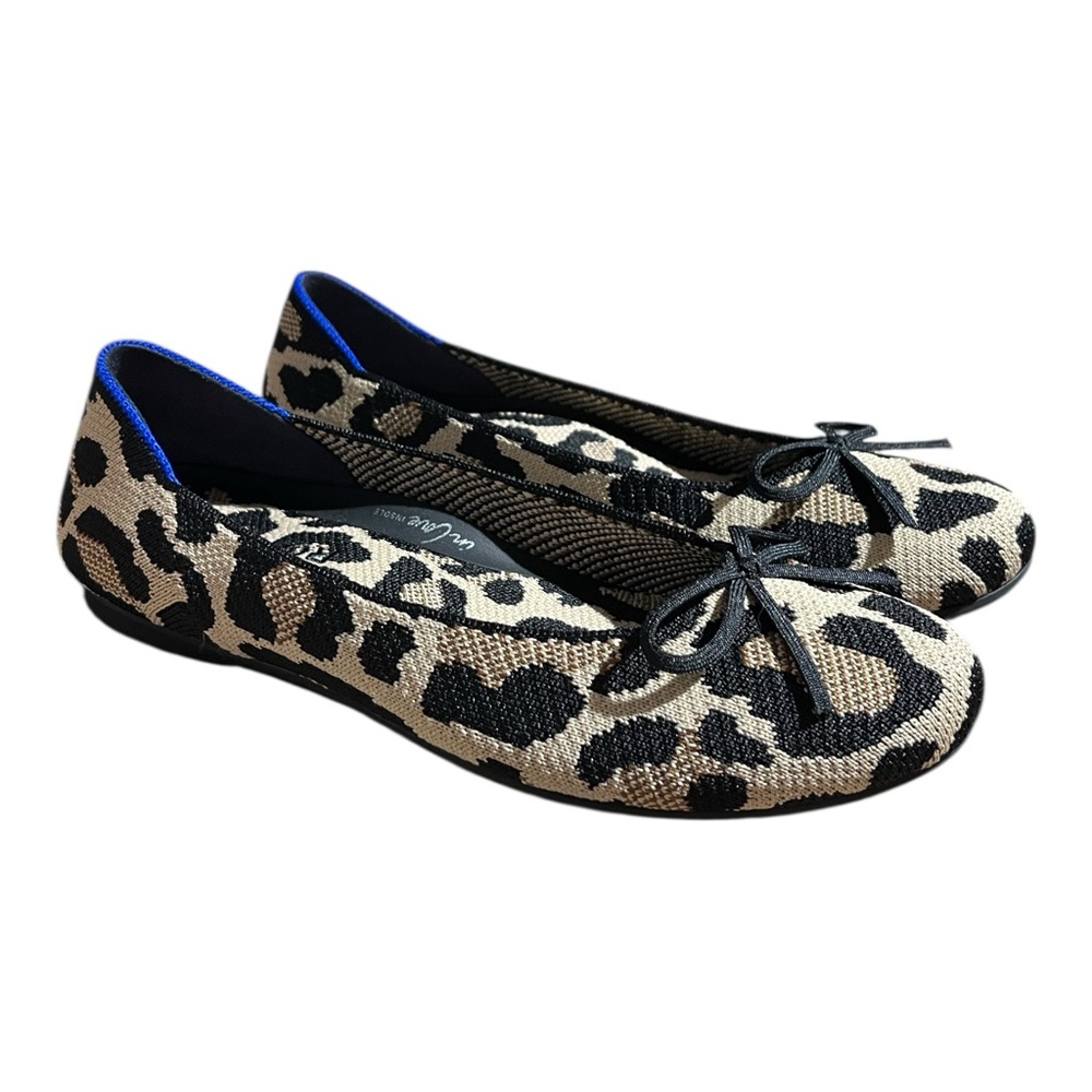 Rothy's Leopard Print Knit Ballet Flats in Black and Tan with Blue Trim
